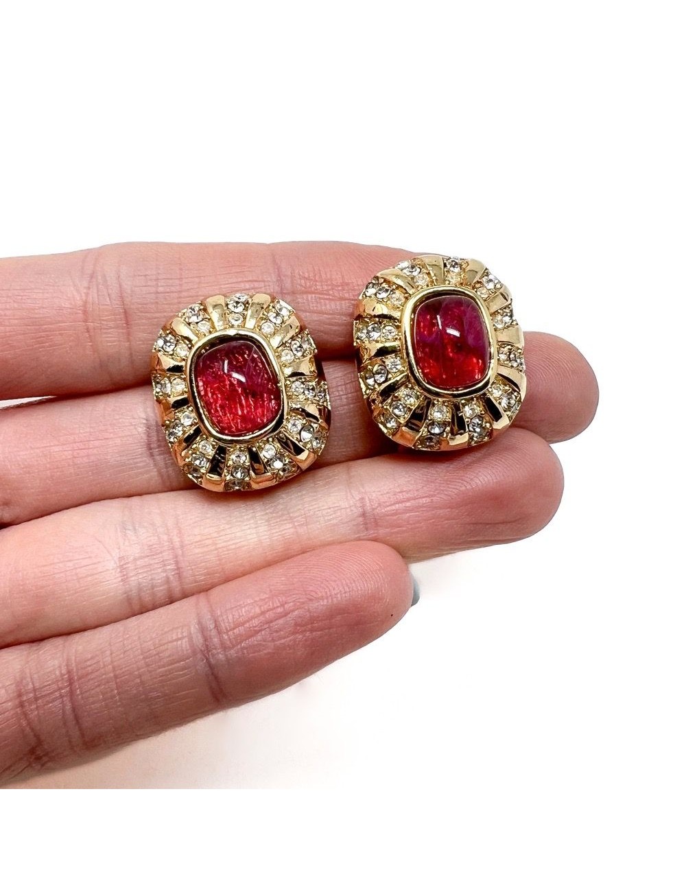 Oversized FRENCH Vintage Light Gold Tone Ruby Red RESIN Cabochons Gripoix 1980s Massive Statement good Runway Haute Couture Rare Clip On Earrings